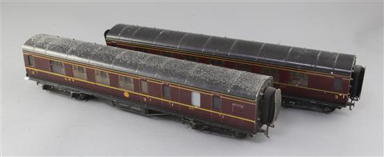 A pair of Exley LMS side corridor brake coaches, no. 6001 and 2277, in crimson